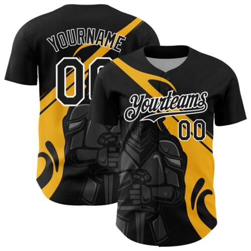 3DPattern5081 Custom Black Gold-White 3D Pattern Design Knight Hero Art Authentic Baseball Jersey