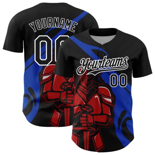 3DPattern5083 Custom Black Thunder Blue-Red 3D Pattern Design Knight Hero Art Authentic Baseball Jersey