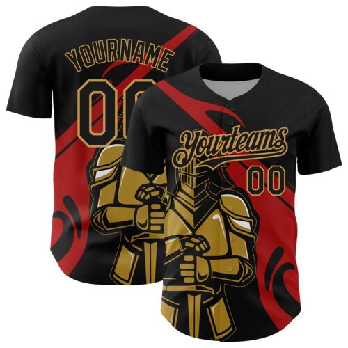 3DPattern5086 Custom Black Red-Old Gold 3D Pattern Design Knight Hero Art Authentic Baseball Jersey