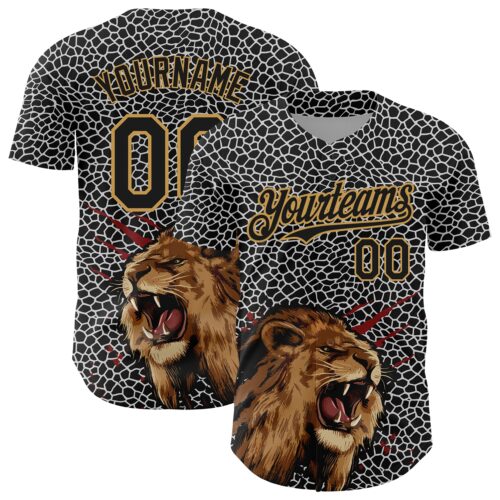 3DPattern5089 Custom Black Old Gold 3D Pattern Design Animal Lion Authentic Baseball Jersey