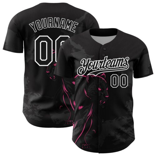 3DPattern5093 Custom Black Pink-White 3D Pattern Design Animal Panther Authentic Baseball Jersey