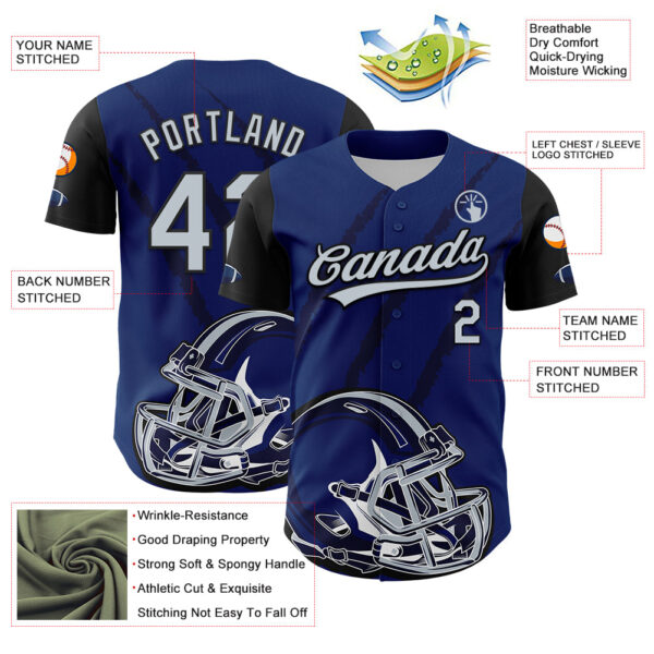 3DPattern5103-2 Custom US Navy Blue Silver-Black 3D Pattern Design Football Helmet And Animal Claw Authentic Baseball Jersey