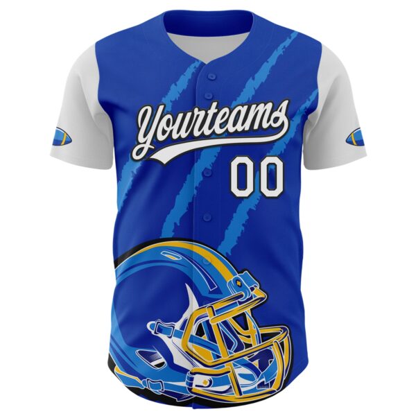 3DPattern5104-1 Custom Thunder Blue White-Black 3D Pattern Design Football Helmet And Animal Claw Authentic Baseball Jersey