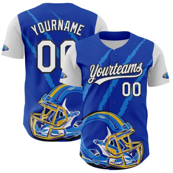 3DPattern5104 Custom Thunder Blue White-Black 3D Pattern Design Football Helmet And Animal Claw Authentic Baseball Jersey
