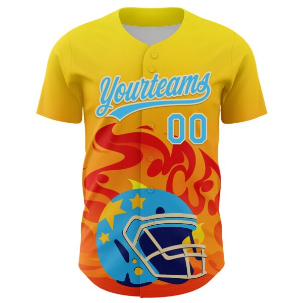 3DPattern5108-1 Custom Light Yellow Sky Blue Orange-Cream 3D Pattern Design Flame Football Helmet Authentic Baseball Jersey