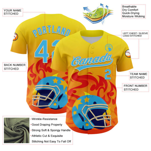 3DPattern5108-2 Custom Light Yellow Sky Blue Orange-Cream 3D Pattern Design Flame Football Helmet Authentic Baseball Jersey