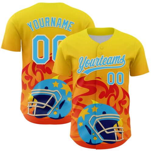 3DPattern5108 Custom Light Yellow Sky Blue Orange-Cream 3D Pattern Design Flame Football Helmet Authentic Baseball Jersey