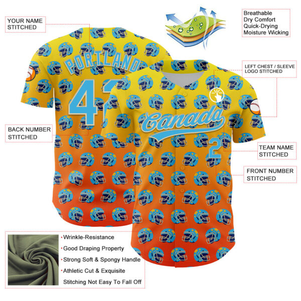 3DPattern5110-2 Custom Light Yellow Sky Blue Orange-Cream 3D Pattern Design Football Helmet Authentic Baseball Jersey
