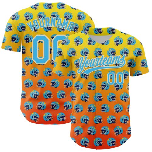 3DPattern5110 Custom Light Yellow Sky Blue Orange-Cream 3D Pattern Design Football Helmet Authentic Baseball Jersey