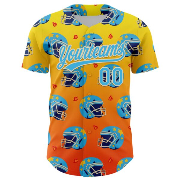 3DPattern5111-1 Custom Light Yellow Sky Blue Orange-Cream 3D Pattern Design Flame Football Helmet Authentic Baseball Jersey