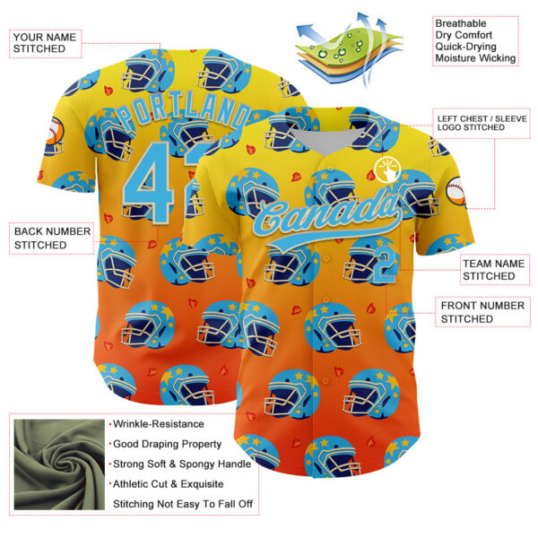 3DPattern5111-2 Custom Light Yellow Sky Blue Orange-Cream 3D Pattern Design Flame Football Helmet Authentic Baseball Jersey