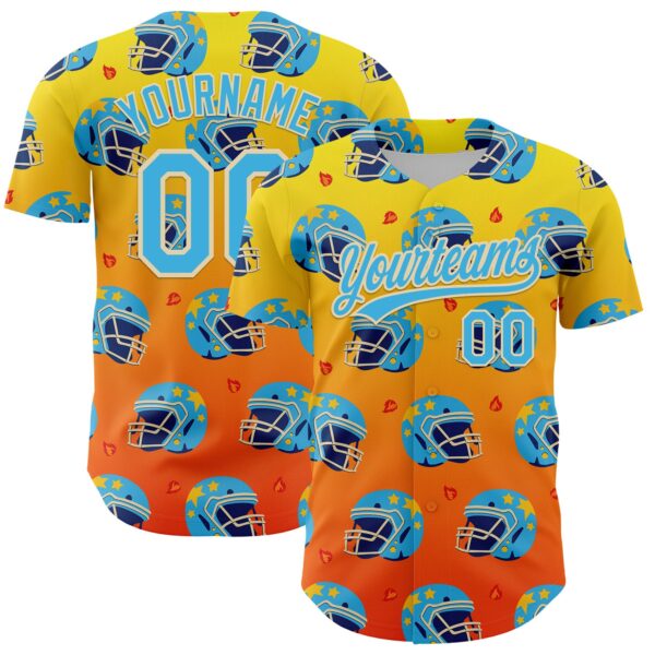 3DPattern5111 Custom Light Yellow Sky Blue Orange-Cream 3D Pattern Design Flame Football Helmet Authentic Baseball Jersey