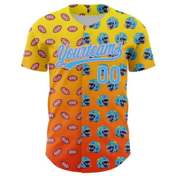 3DPattern5112-1 Custom Light Yellow Sky Blue Orange-Medium Pink 3D Pattern Design Football Helmet And Football Elements Authentic Baseball Jersey