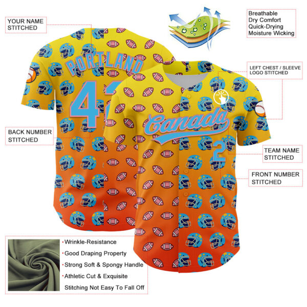 3DPattern5112-2 Custom Light Yellow Sky Blue Orange-Medium Pink 3D Pattern Design Football Helmet And Football Elements Authentic Baseball Jersey