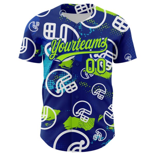 3DPattern5113-1 Custom Royal Neon Green-White 3D Pattern Design Football Helmet Authentic Baseball Jersey