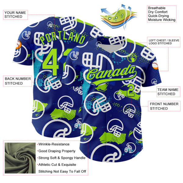 3DPattern5113-2 Custom Royal Neon Green-White 3D Pattern Design Football Helmet Authentic Baseball Jersey