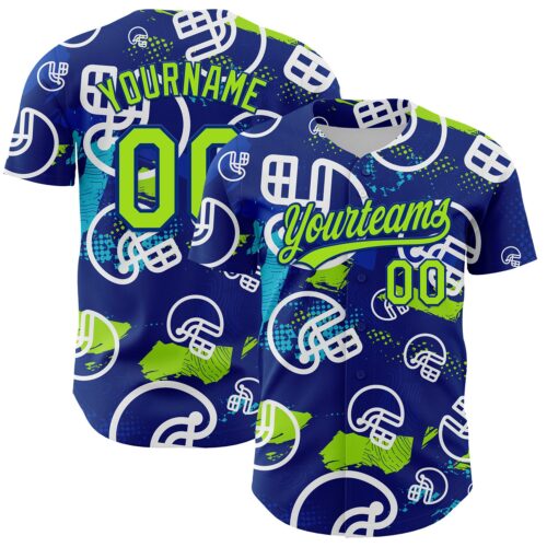 3DPattern5113 Custom Royal Neon Green-White 3D Pattern Design Football Helmet Authentic Baseball Jersey