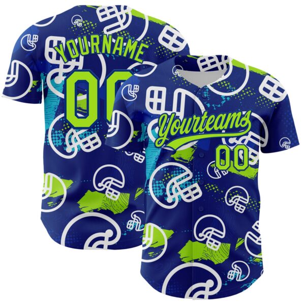 3DPattern5113 Custom Royal Neon Green-White 3D Pattern Design Football Helmet Authentic Baseball Jersey