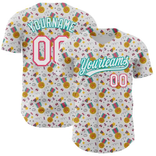 3DPattern5115 Custom White Neon Pink-Aqua 3D Pattern Design Champion Medal Authentic Baseball Jersey