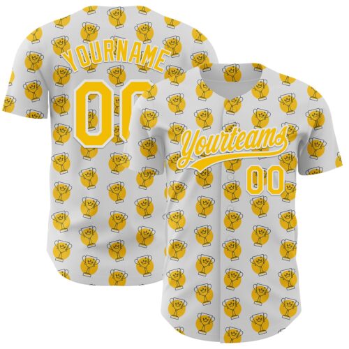 3DPattern5119 Custom White Yellow 3D Pattern Design Champion Trophy Authentic Baseball Jersey