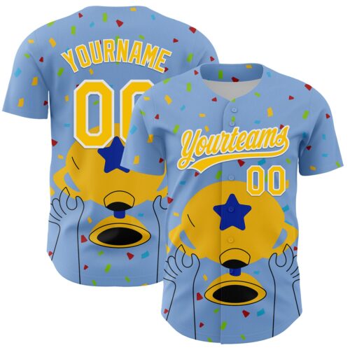 3DPattern5122 Custom Light Blue Yellow-White 3D Pattern Design Champion Trophy Authentic Baseball Jersey