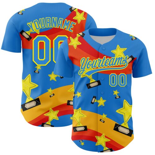 3DPattern5123 Custom Electric Blue Light Yellow 3D Pattern Design Champion Trophy Authentic Baseball Jersey