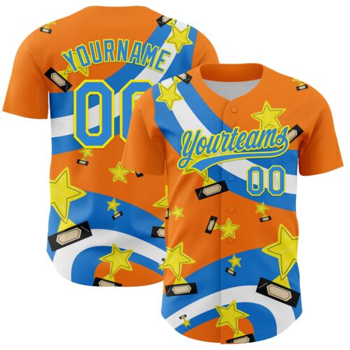 3DPattern5124 Custom Bay Orange Electric Blue-Light Yellow 3D Pattern Design Champion Trophy Authentic Baseball Jersey