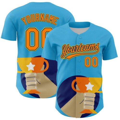 3DPattern5126 Custom Sky Blue Bay Orange US Navy Blue-Yellow 3D Pattern Design Champion Trophy Authentic Baseball Jersey