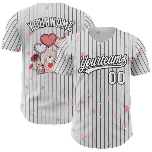 3DPattern6122 Custom White Black Pinstripe Black 3D Love Heart Valentine's Day Authentic Baseball Jersey