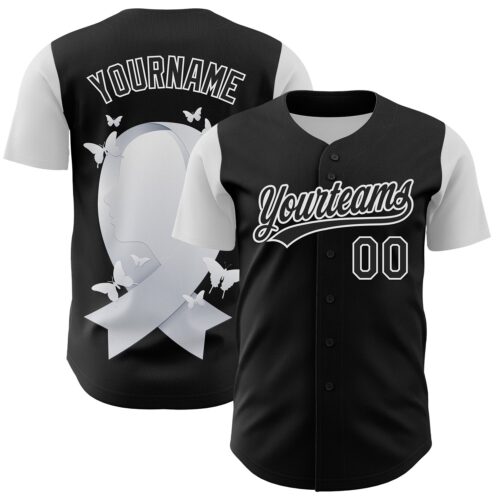 3DPattern6140 Custom Black White 3D Lung Cancer Ribbon Authentic Baseball Jersey