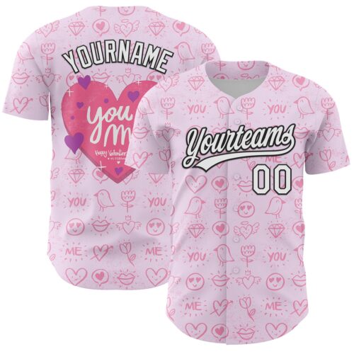 3DPattern6184 Custom Light Pink White-Black 3D Love Heart Valentine's Day Authentic Baseball Jersey