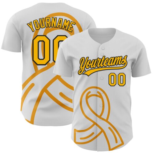 3DPattern6200 Custom White Gold-Black 3D Appendix Cancer Ribbon Authentic Baseball Jersey