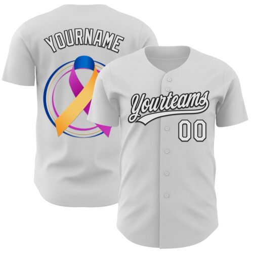 3DPattern6202 Custom White Purple Yellow Navy-Black 3D Bladder Cancer Ribbon Authentic Baseball Jersey