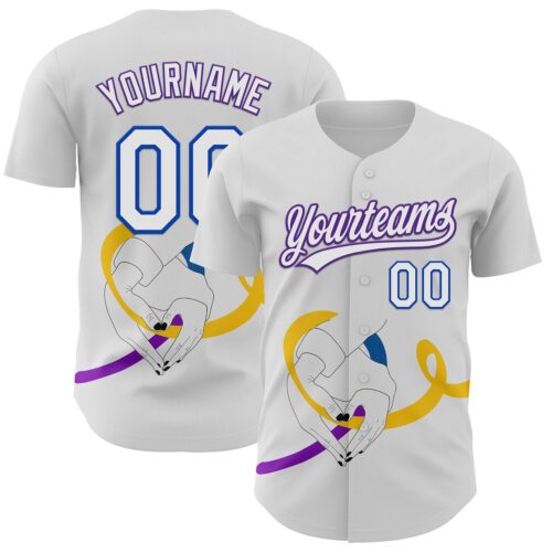 3DPattern6203 Custom White Purple Thunder Blue-Yellow 3D Bladder Cancer Ribbon Authentic Baseball Jersey