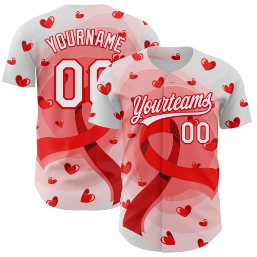 3DPattern6204 Custom White Fire Red 3D Blood Cancer Ribbon Authentic Baseball Jersey