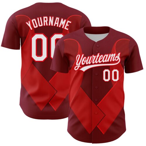 3DPattern6205 Custom Maroon White-Fire Red 3D Blood Cancer Ribbon Authentic Baseball Jersey