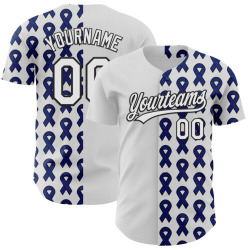 3DPattern6210 Custom White Black-Navy 3D Colorectal Cancer Ribbon Authentic Baseball Jersey