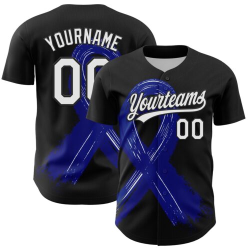 3DPattern6211 Custom Black White-Royal 3D Colorectal Cancer Ribbon Authentic Baseball Jersey