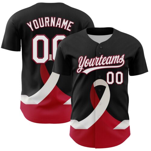 3DPattern6218 Custom Black White-Crimson 3D Head And Neck Cancer Ribbon Authentic Baseball Jersey