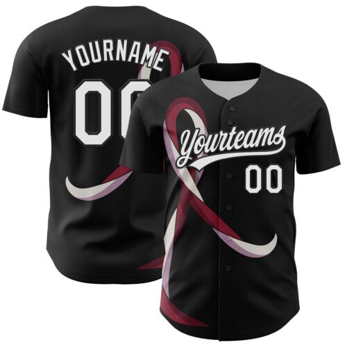 3DPattern6219 Custom Black White-Burgund 3D Head And Neck Cancer Ribbon Authentic Baseball Jersey
