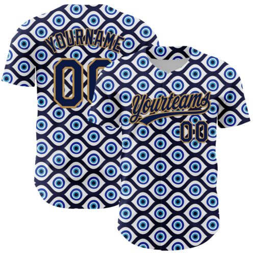 3DPattern6225 Custom White Navy-Old Gold 3D Pattern Design Evil Eyes Authentic Baseball Jersey