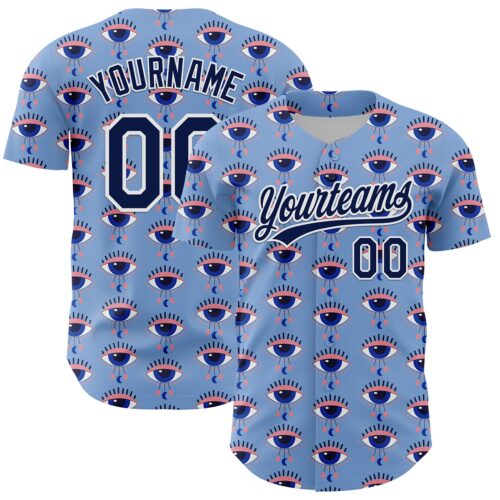3DPattern6226 Custom Light Blue Navy-White 3D Pattern Design Evil Eyes Authentic Baseball Jersey