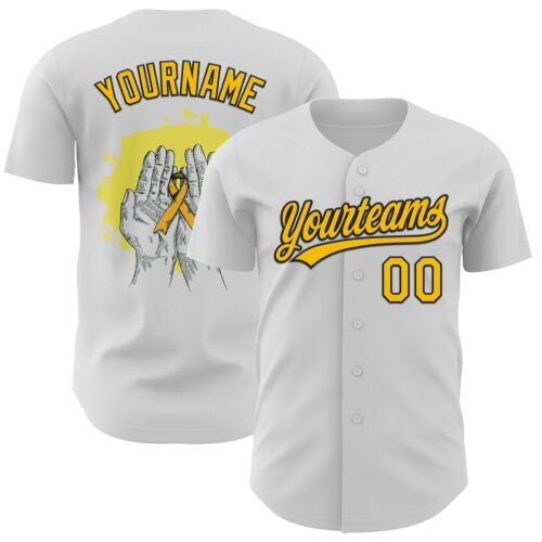 3DPattern6231 Custom White Yellow-Black 3D Childhood Cancer Gold Ribbon Authentic Baseball Jersey