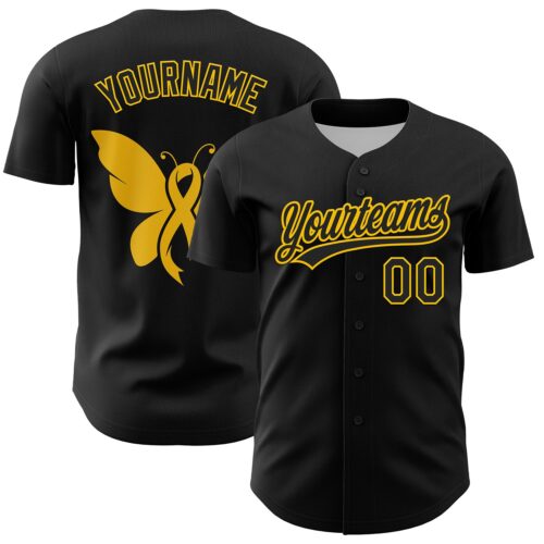 3DPattern6236 Custom Black Yellow 3D Childhood Cancer Gold Ribbon Authentic Baseball Jersey