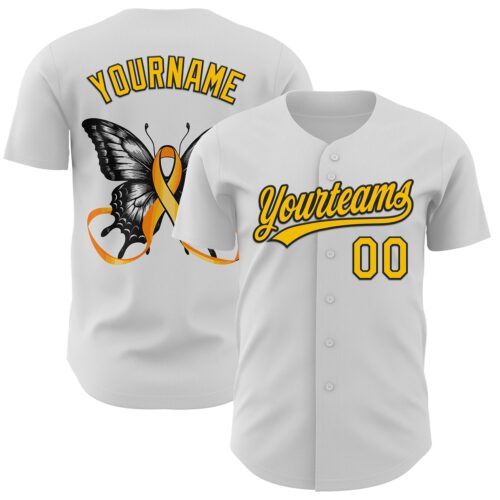 3DPattern6238 Custom White Yellow-Black 3D Childhood Cancer Gold Ribbon Authentic Baseball Jersey