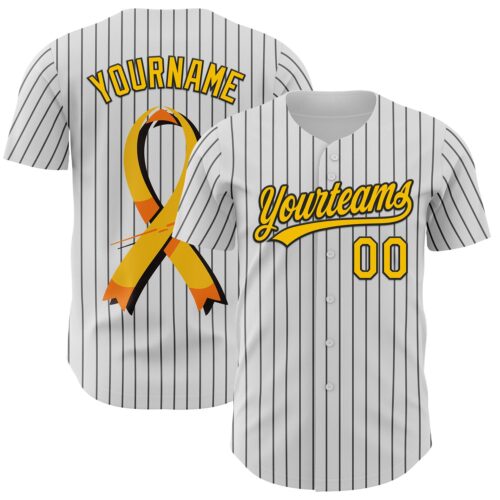 3DPattern6241 Custom White Black Pinstripe Yellow 3D Childhood Cancer Gold Ribbon Authentic Baseball Jersey