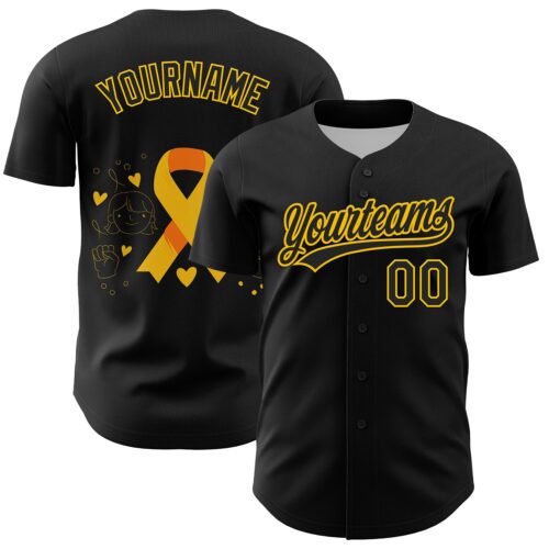 3DPattern6243 Custom Black Yellow 3D Childhood Cancer Gold Ribbon Authentic Baseball Jersey