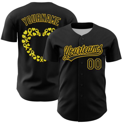 3DPattern6244 Custom Black Yellow 3D Childhood Cancer Gold Ribbon Authentic Baseball Jersey