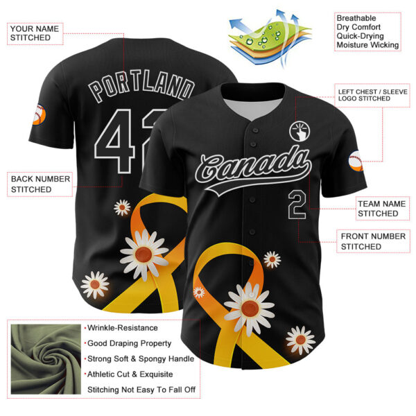 Custom Black Yellow-White 3D Childhood Cancer Gold Ribbon Authentic Baseball Jersey