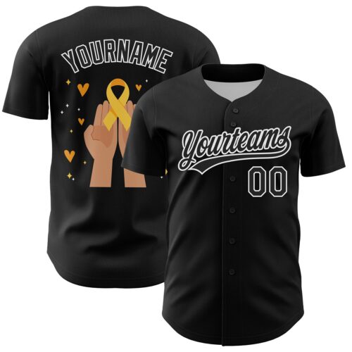 3DPattern6249 Custom Black Yellow-White 3D Childhood Cancer Gold Ribbon Authentic Baseball Jersey